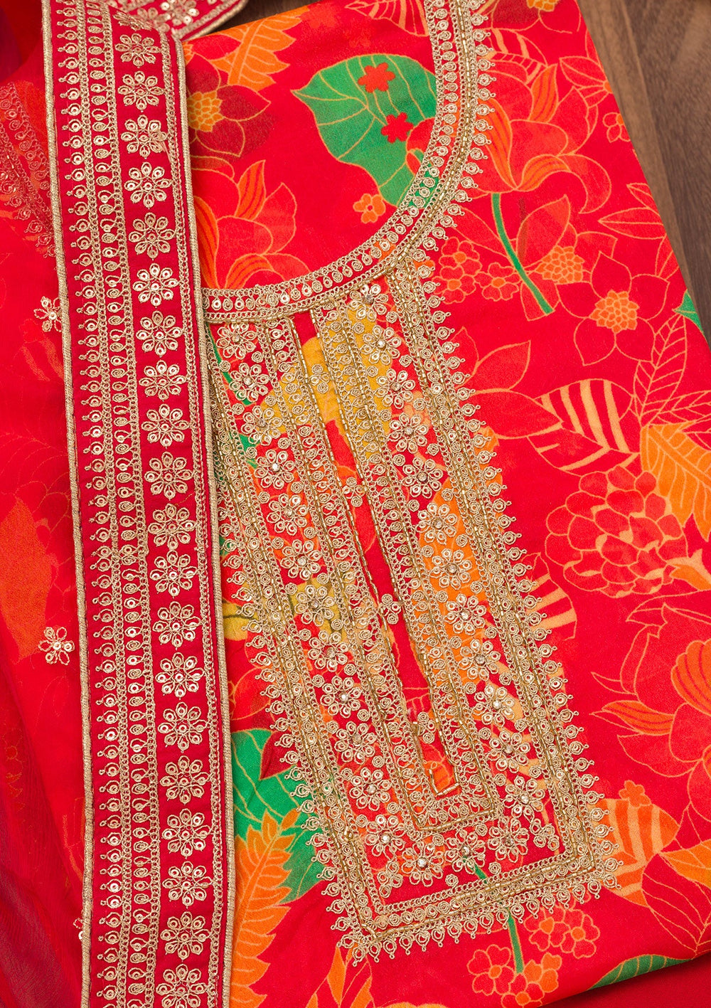 Red Printed Chiffon Unstitched Salwar Suit-Koskii