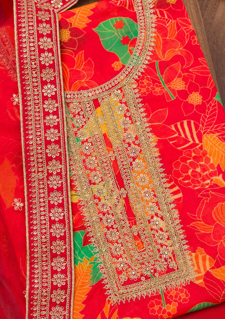 Red Printed Chiffon Unstitched Salwar Suit-Koskii
