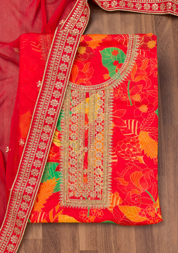 Red Printed Chiffon Unstitched Salwar Suit-Koskii