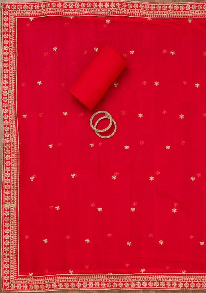 Red Printed Chiffon Unstitched Salwar Suit-Koskii