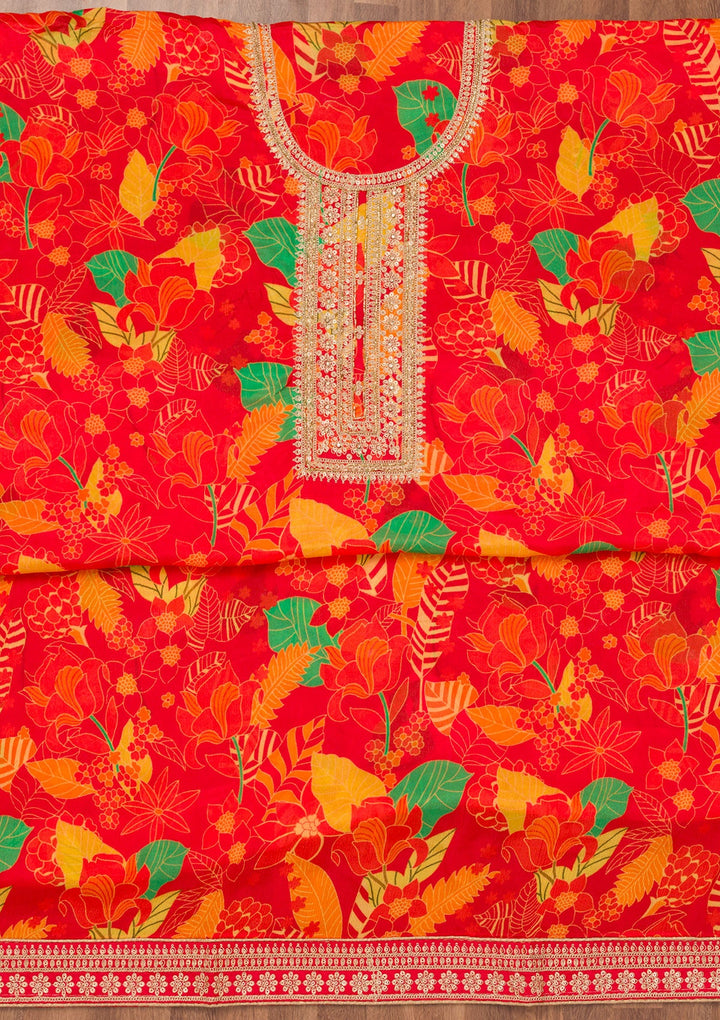 Red Printed Chiffon Unstitched Salwar Suit-Koskii