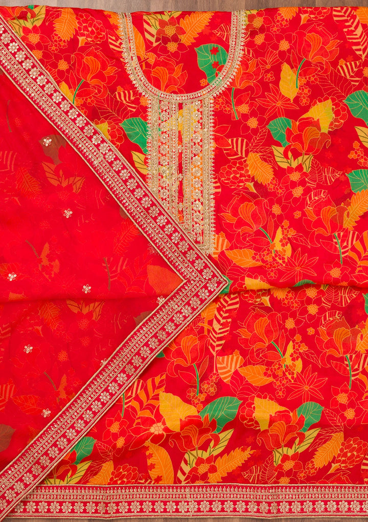 Red Printed Chiffon Unstitched Salwar Suit-Koskii