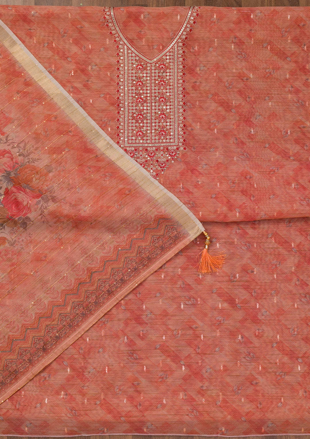 Red Printed Raw Silk Unstitched Salwar Suit-Koskii