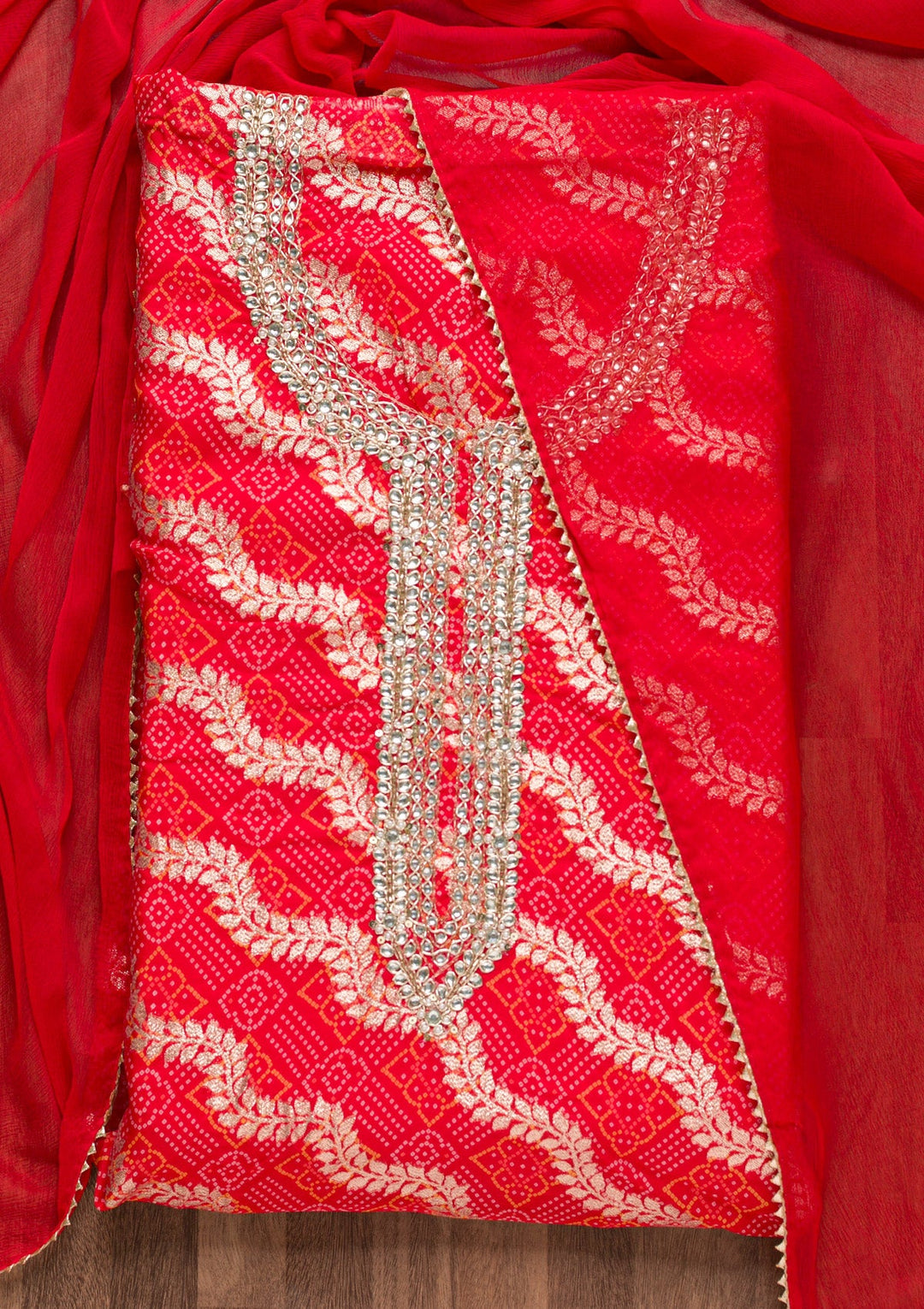 Red Zardosi Bandhini Unstitched Salwar Suit-Koskii