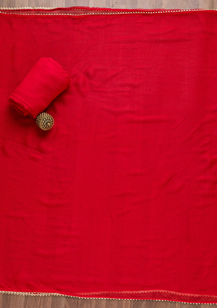 Red Zardosi Bandhini Unstitched Salwar Suit-Koskii