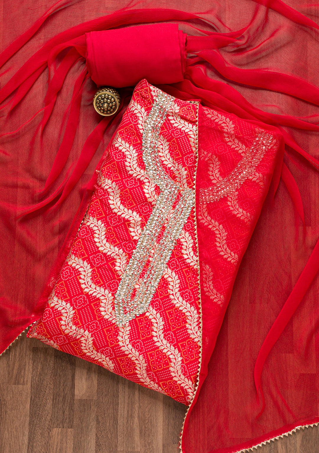 Red Zardosi Bandhini Unstitched Salwar Suit-Koskii