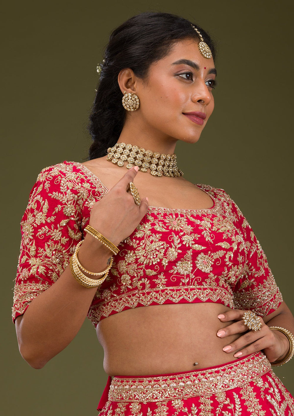 Red Zariwork Raw Silk Readymade Lehenga-Koskii