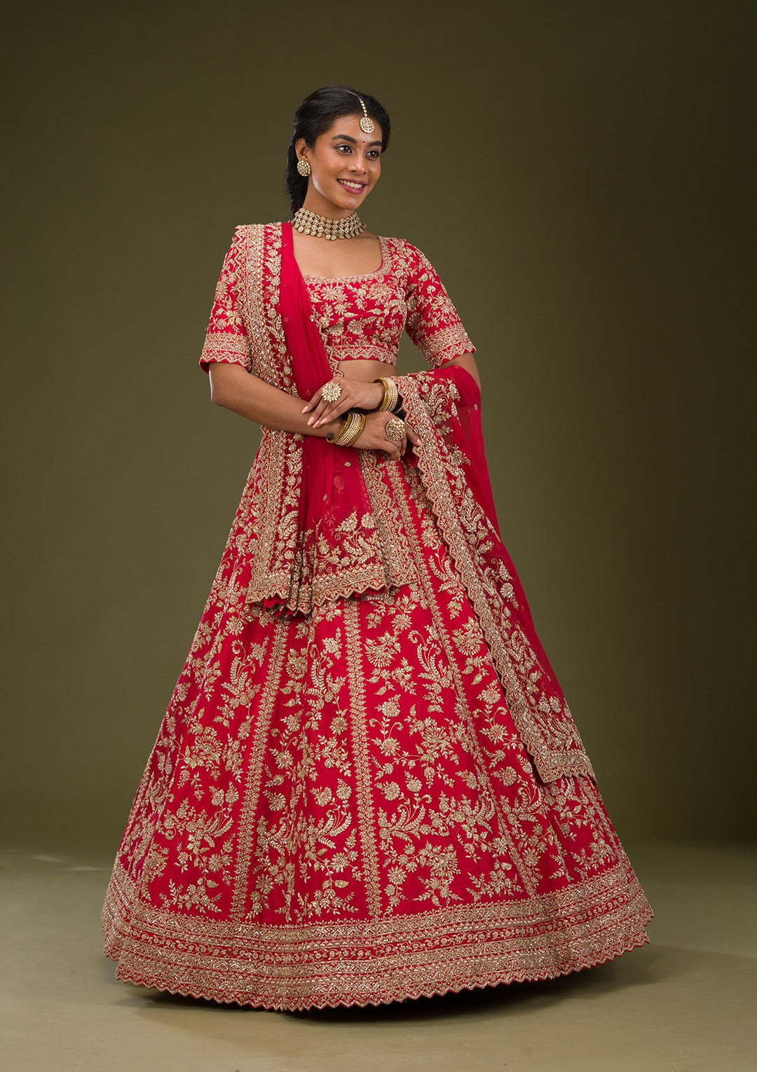 Red Zariwork Raw Silk Readymade Lehenga-Koskii