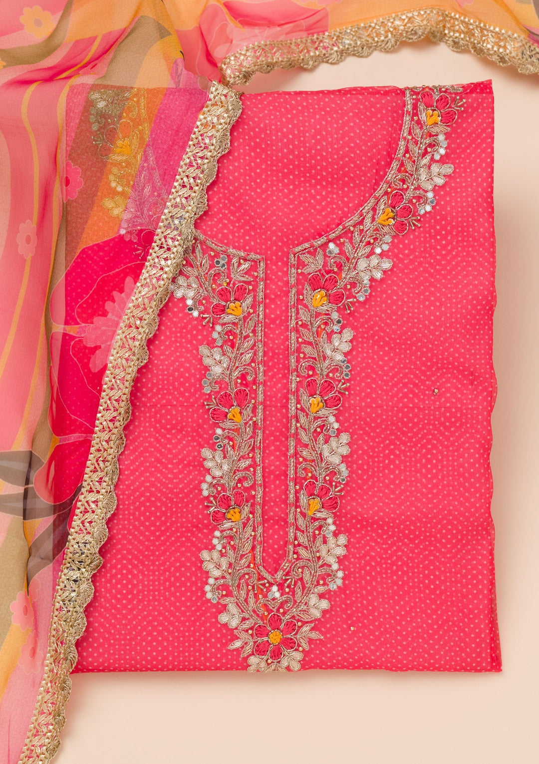 Red Zariwork Tissue Unstitched Salwar Suit-Koskii