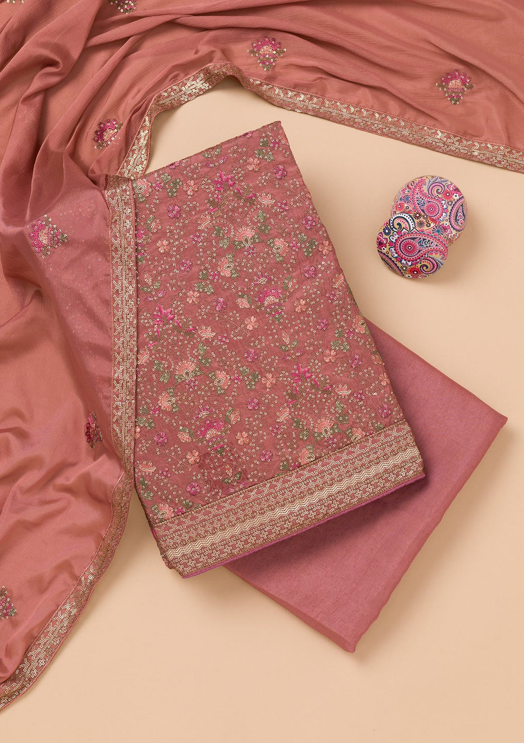 Rust Threadwork Semi Crepe Unstitched Salwar Suit-Koskii