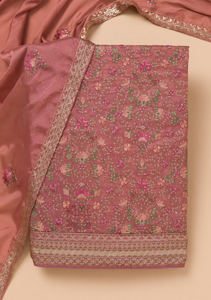 Rust Threadwork Semi Crepe Unstitched Salwar Suit-Koskii