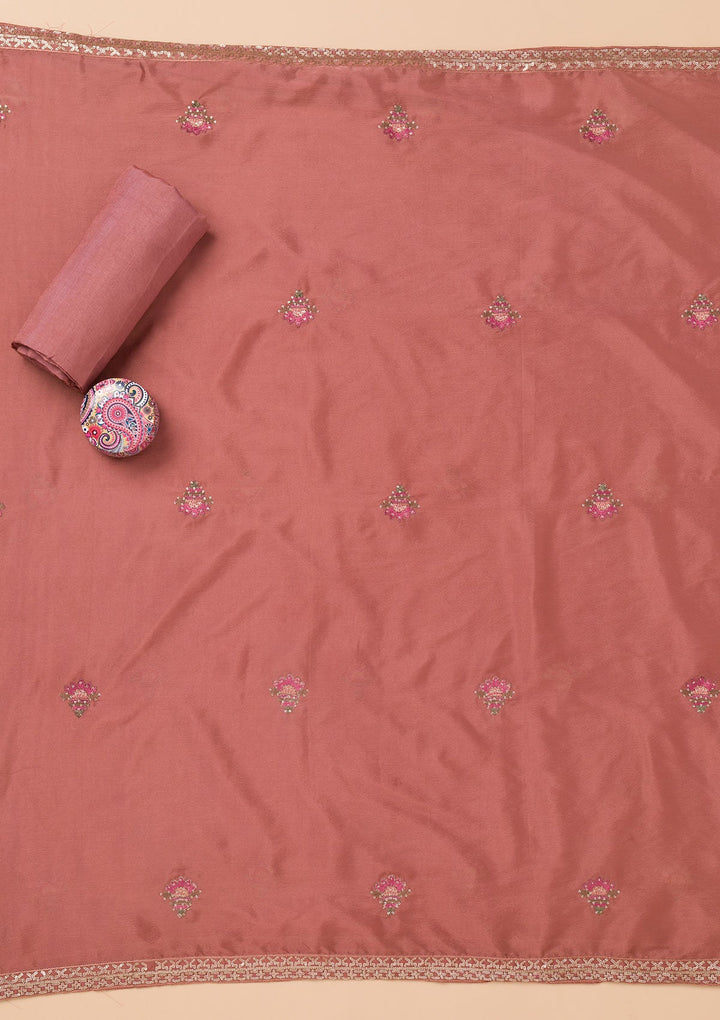 Rust Threadwork Semi Crepe Unstitched Salwar Suit-Koskii