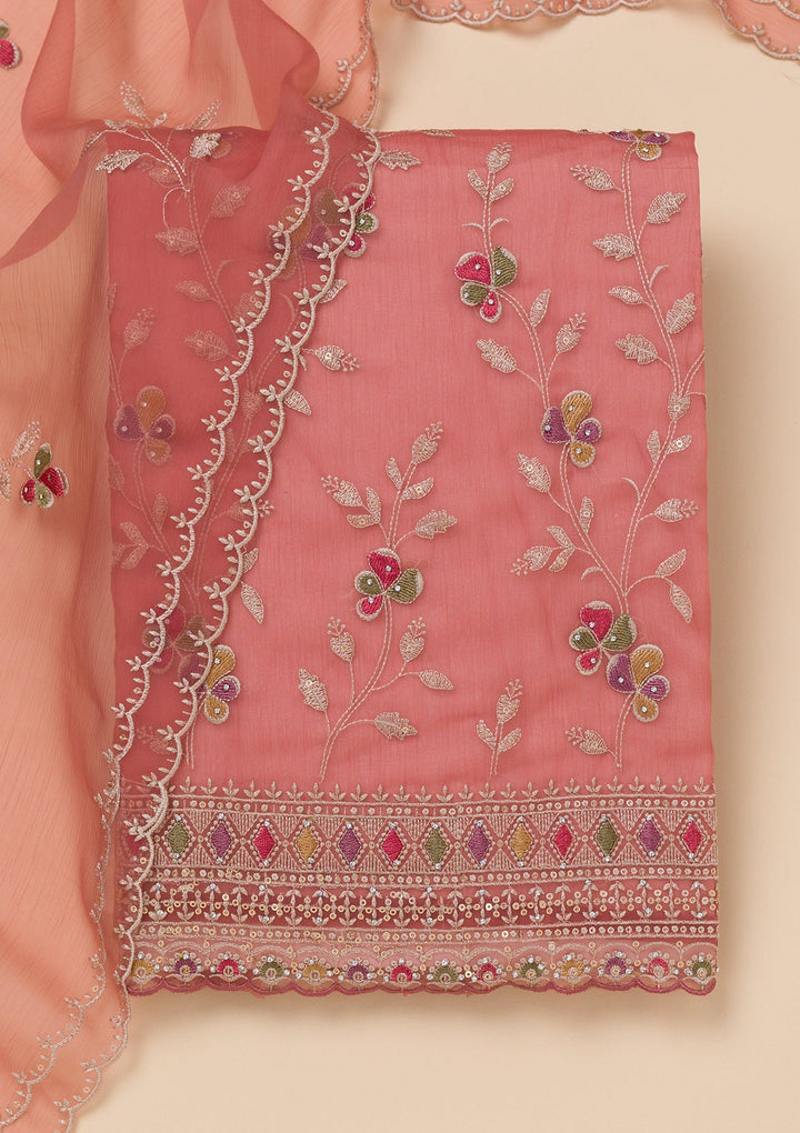 Rust Threadwork Tissue Unstitched Salwar Suit-Koskii