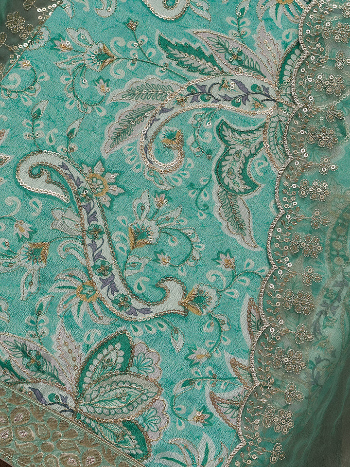 Sea Green Printed Semi Crepe Unstitched Salwar Suit
