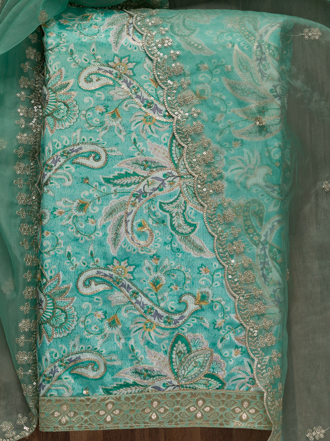 Sea Green Printed Semi Crepe Unstitched Salwar Suit