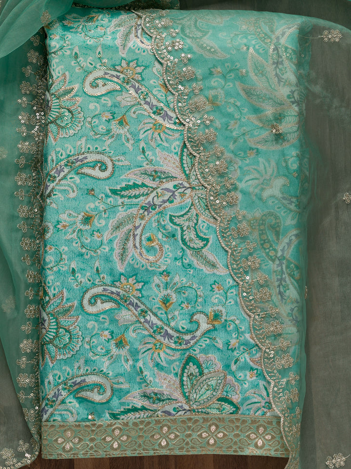 Sea Green Printed Semi Crepe Unstitched Salwar Suit