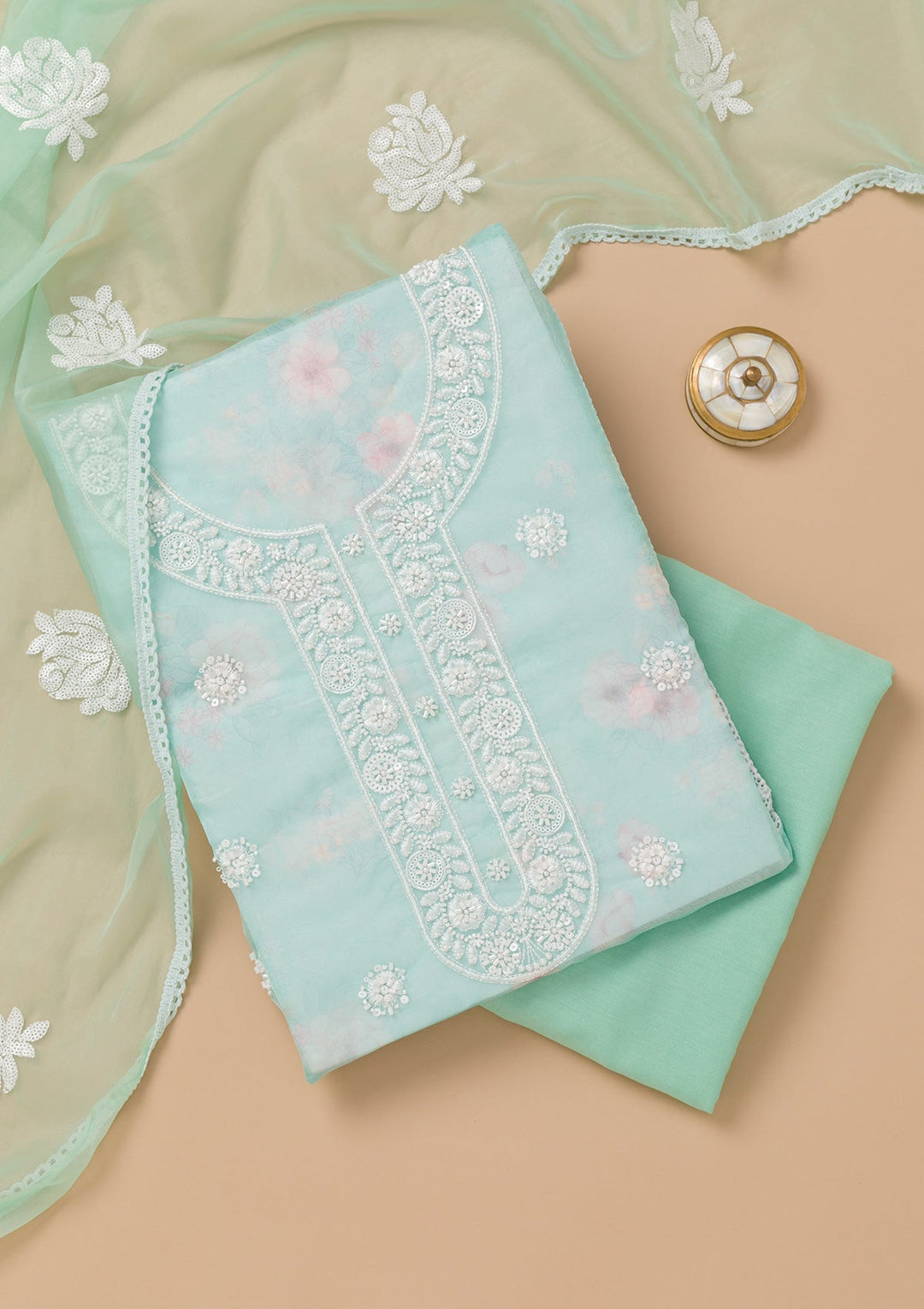 Sea Green Printed Tissue Unstitched Salwar Kameez-Koskii