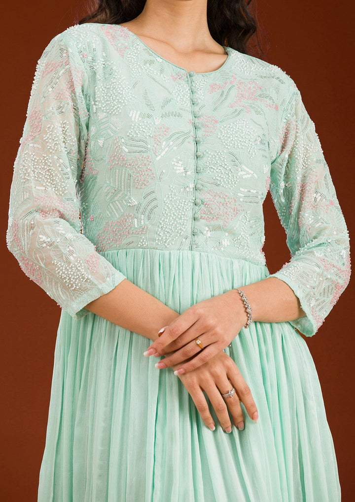 Sea Green Sequins Georgette Readymade Salwar Suit