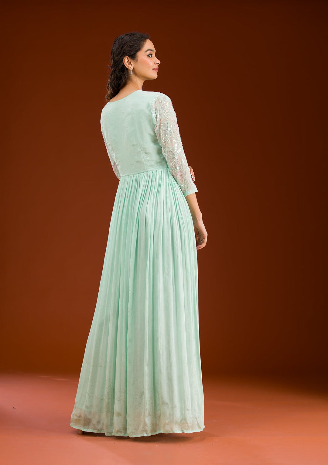 Sea Green Sequins Georgette Readymade Salwar Suit-Koskii