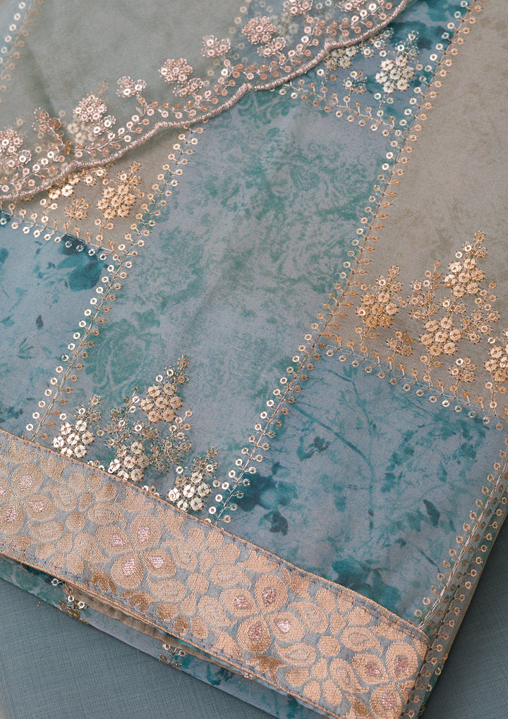 Sea Green Sequins Organza Unstitched Salwar Suit