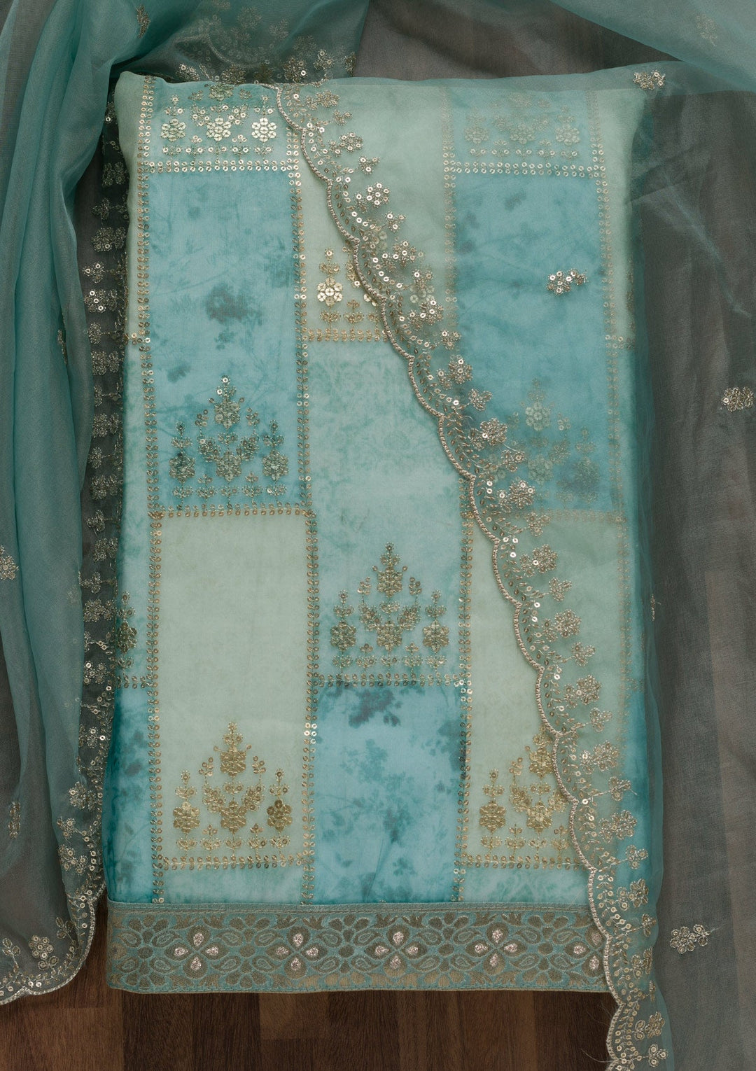 Sea Green Sequins Organza Unstitched Salwar Suit-Koskii