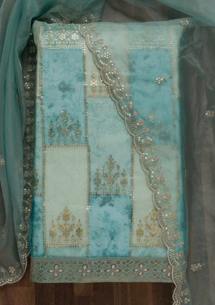 Sea Green Sequins Organza Unstitched Salwar Suit-Koskii