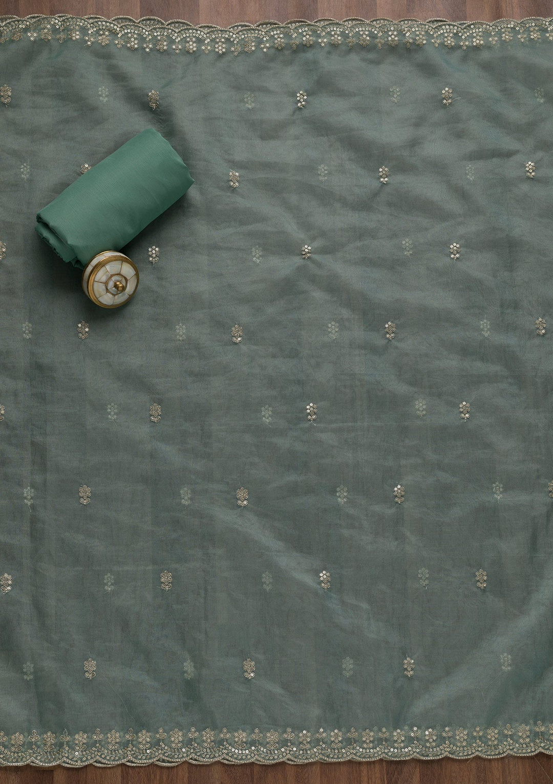 Sea Green Sequins Organza Unstitched Salwar Suit-Koskii