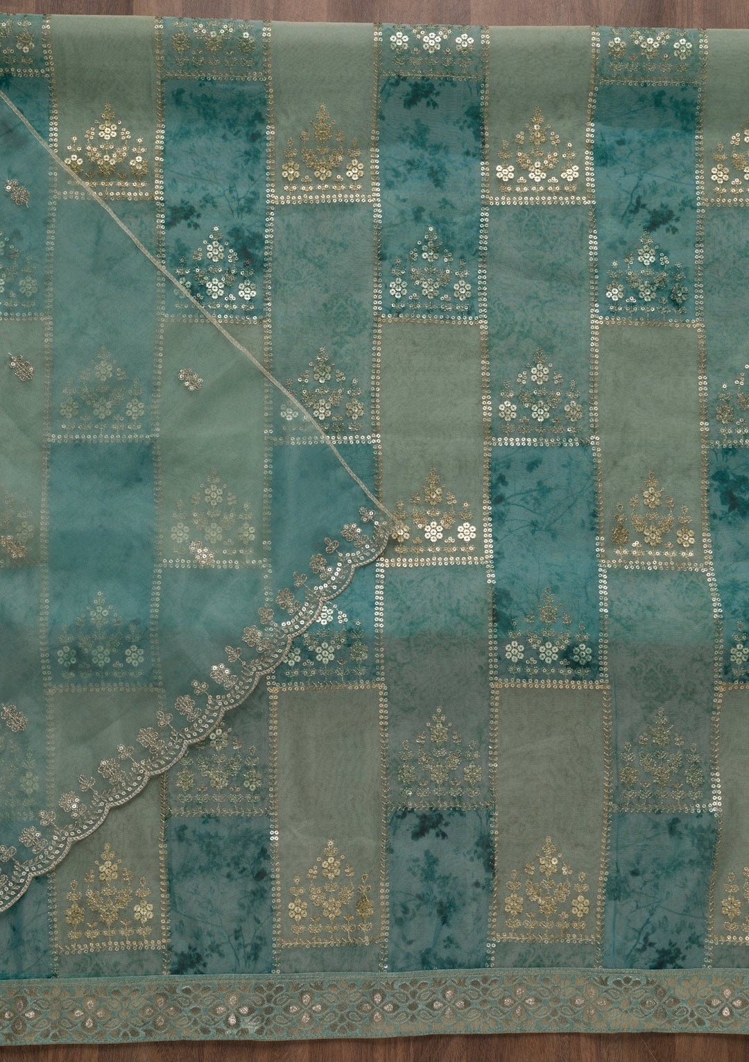 Sea Green Sequins Organza Unstitched Salwar Suit-Koskii