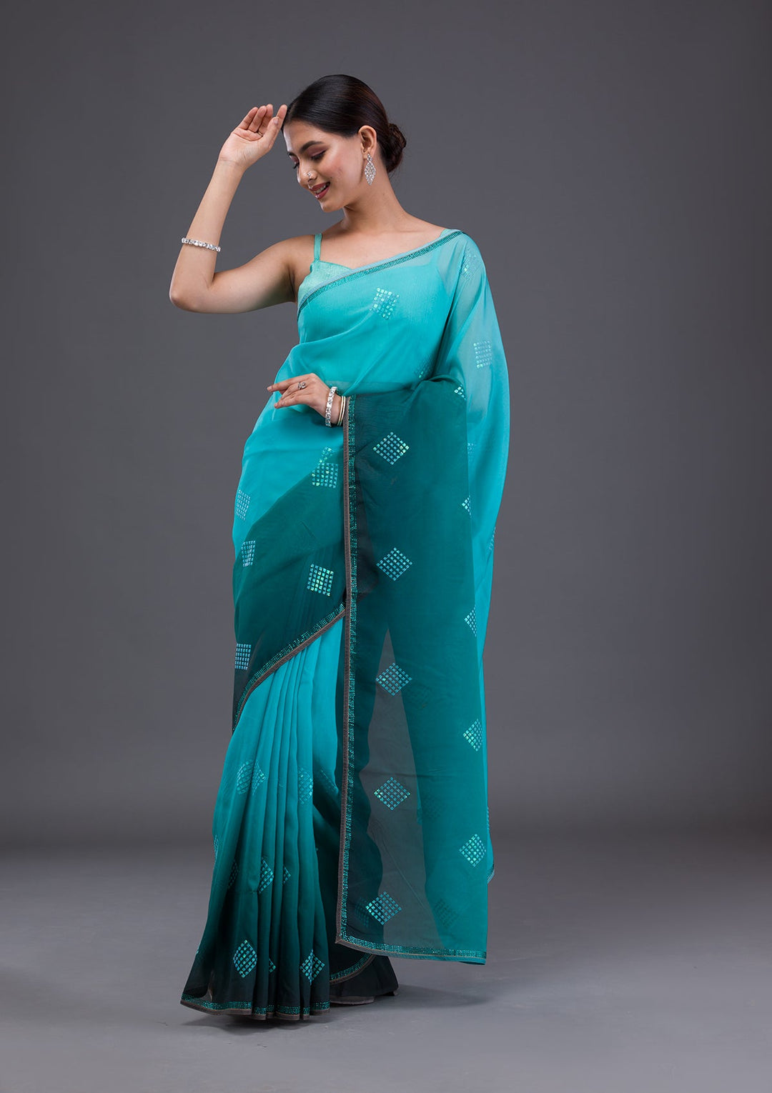 Sky Blue Stonework Satin Designer Saree-Koskii