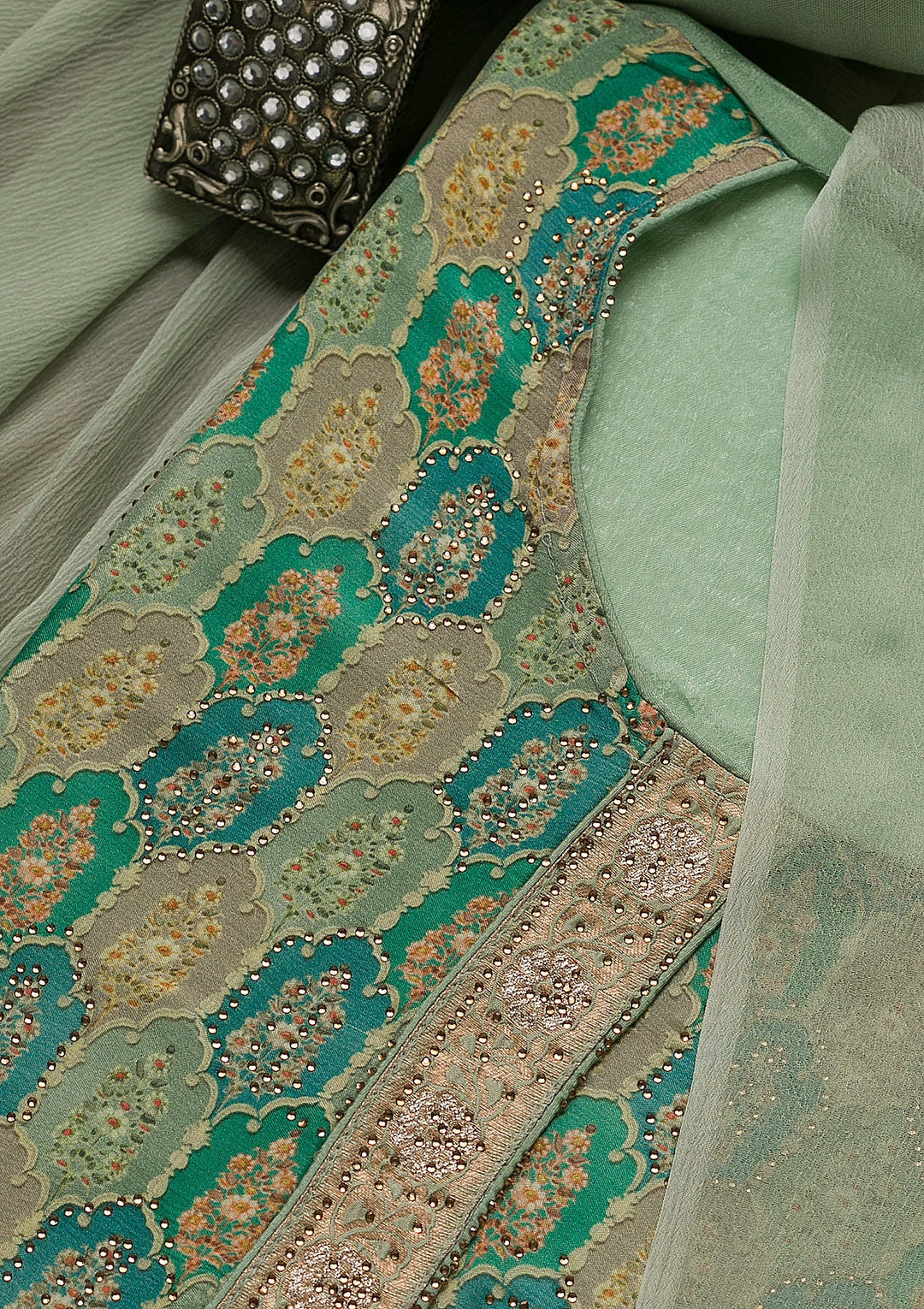 Sea Green Swarovski Semi Crepe Unstitched Salwar Suit-Koskii