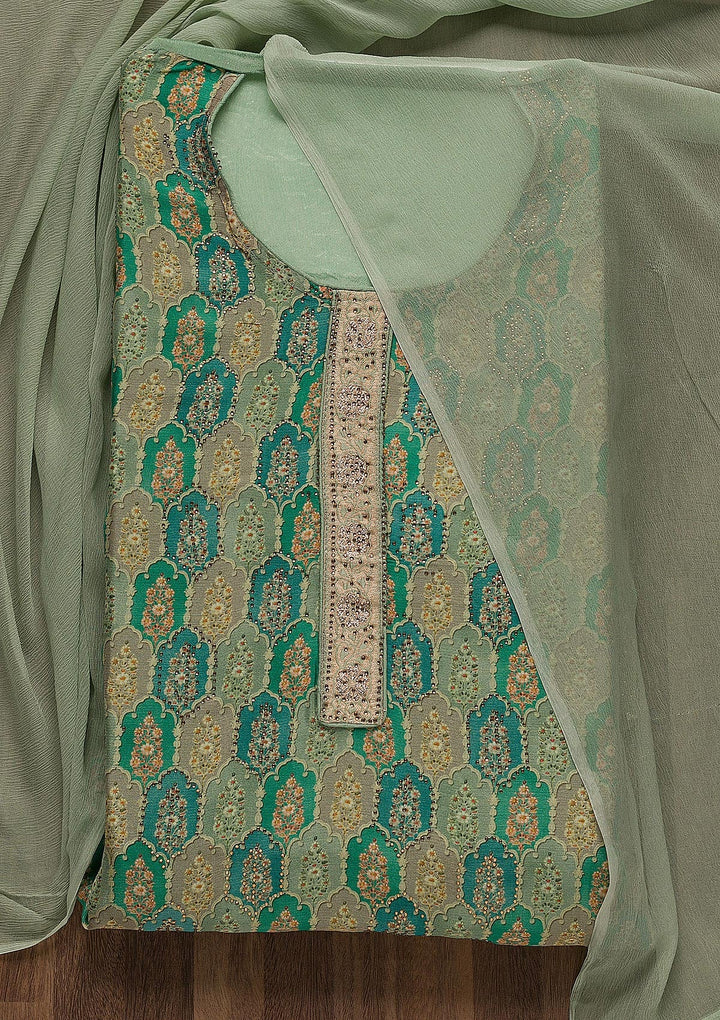 Sea Green Swarovski Semi Crepe Unstitched Salwar Suit-Koskii