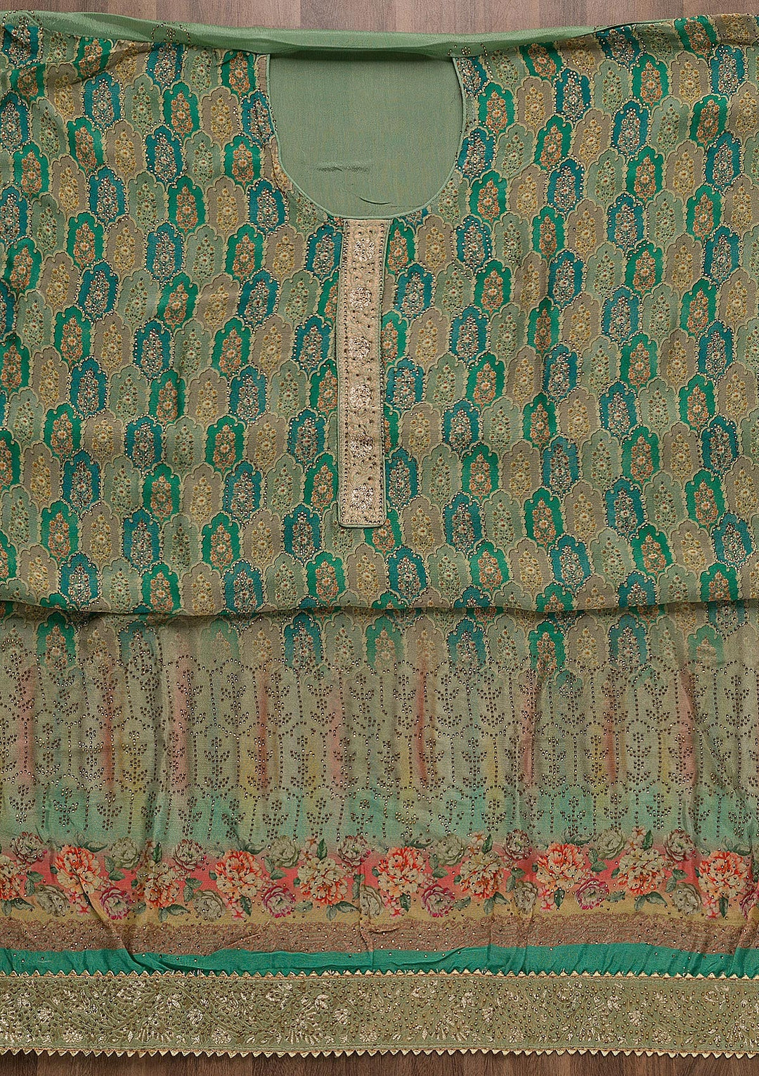 Sea Green Swarovski Semi Crepe Unstitched Salwar Suit-Koskii