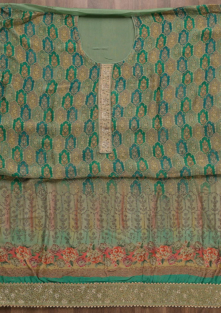 Sea Green Swarovski Semi Crepe Unstitched Salwar Suit-Koskii