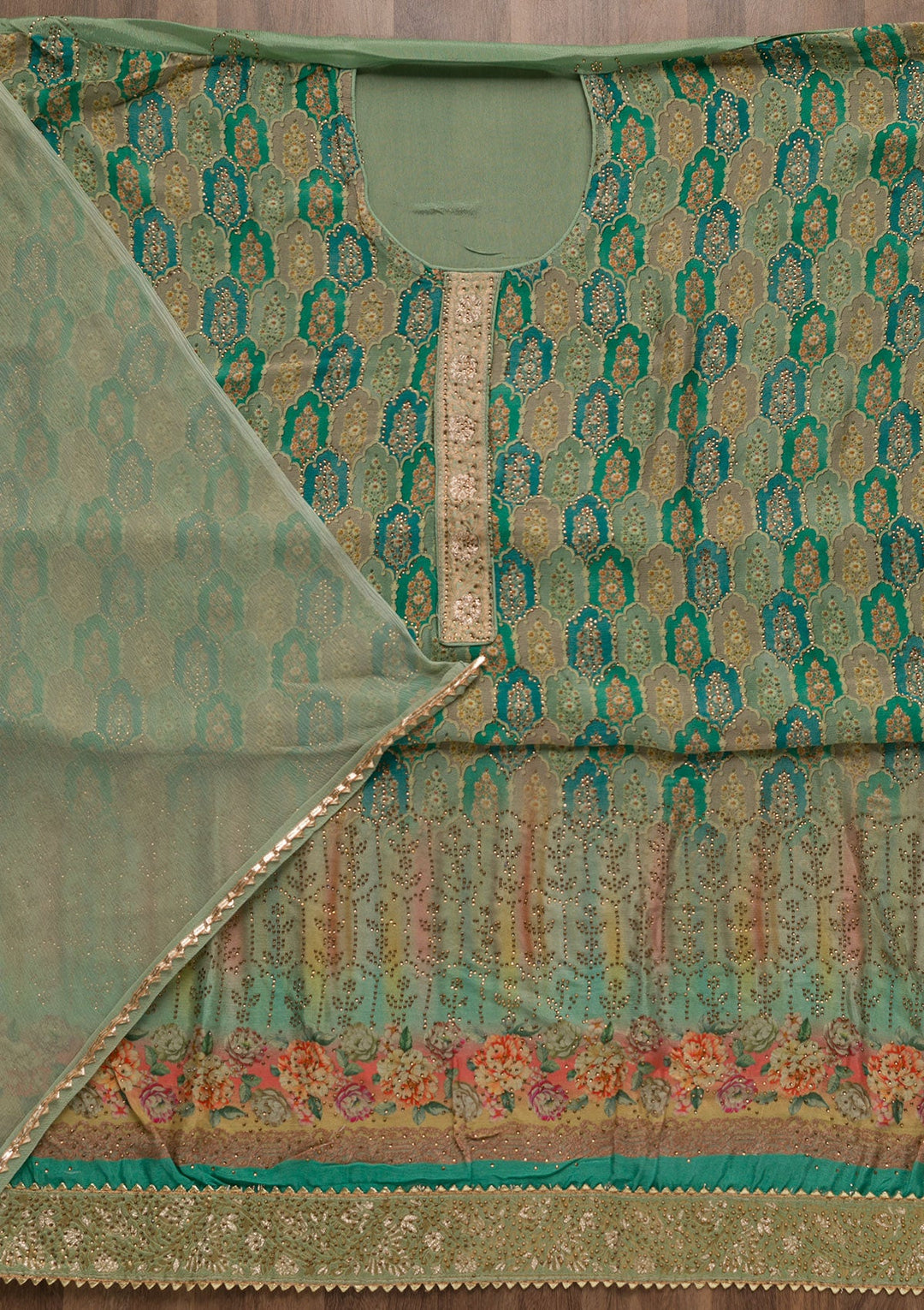 Sea Green Swarovski Semi Crepe Unstitched Salwar Suit-Koskii