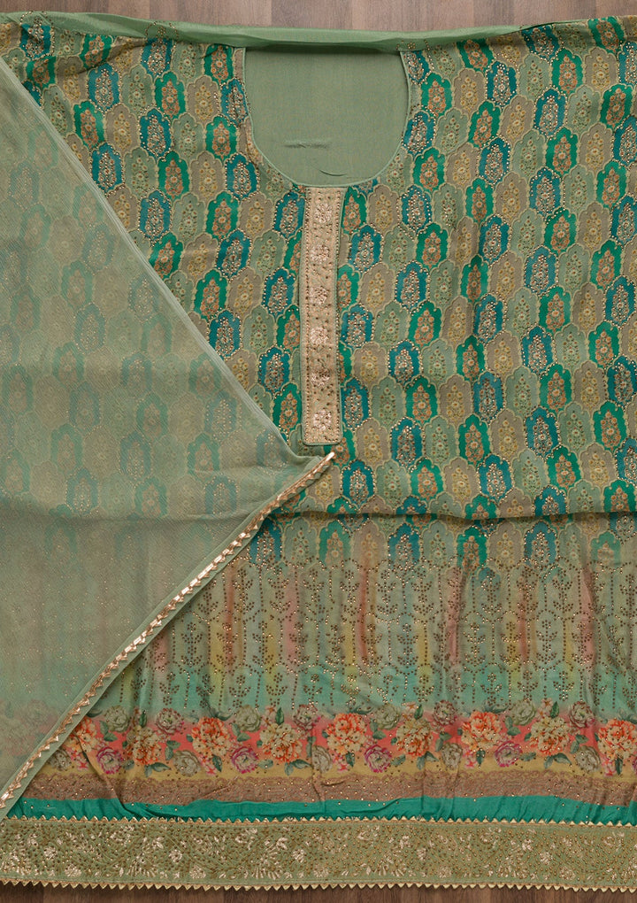 Sea Green Swarovski Semi Crepe Unstitched Salwar Suit-Koskii