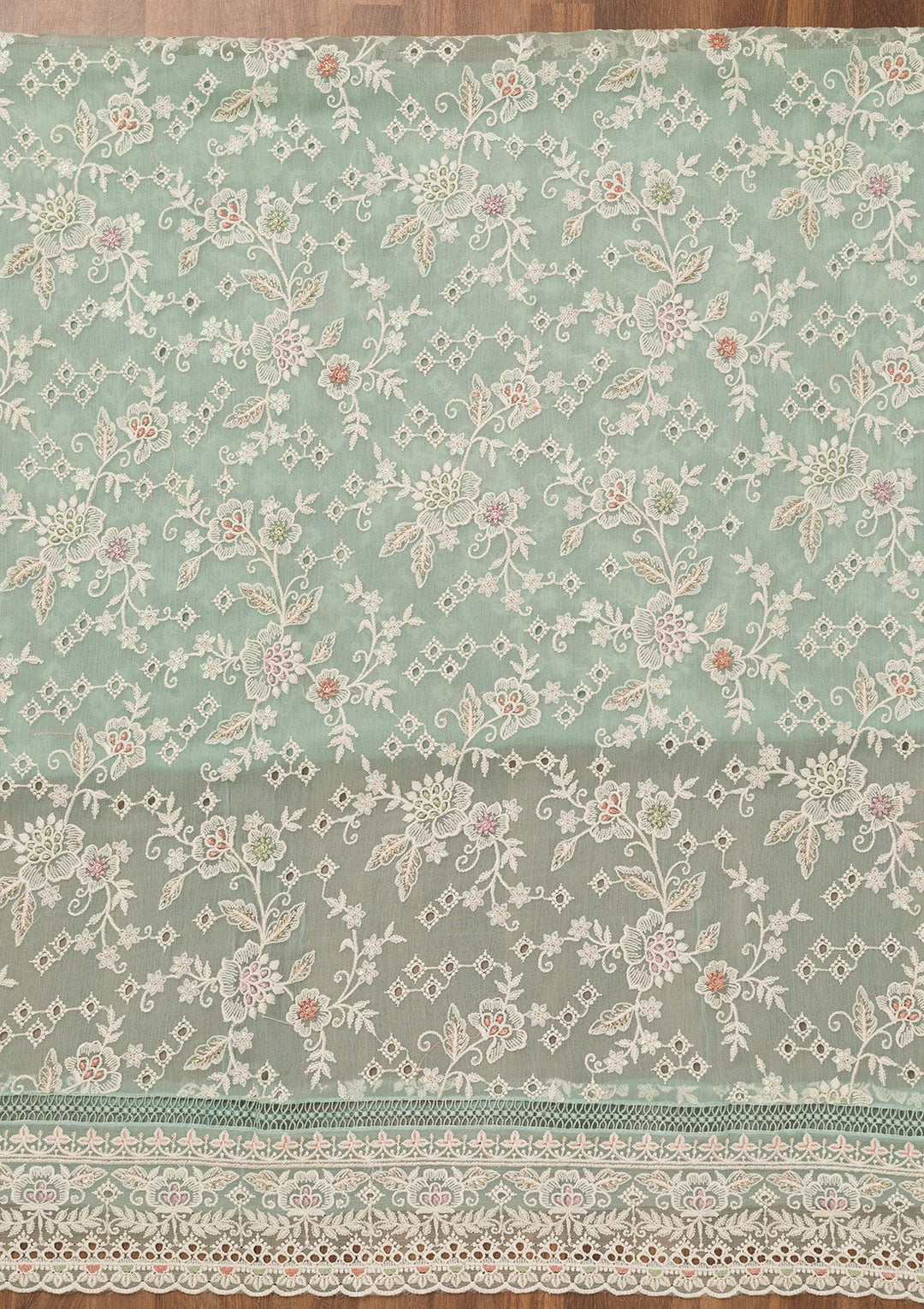Sea Green Threadwork Chiffon Unstitched Salwar Suit-Koskii