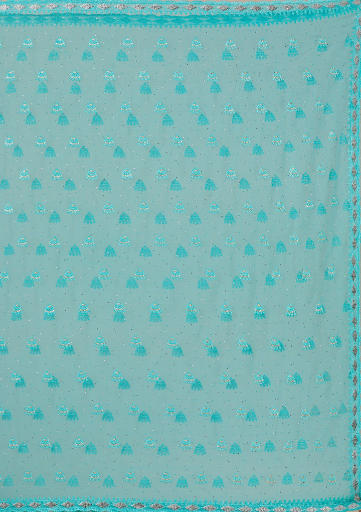 Sea Green Threadwork Chiffon Saree-Koskii