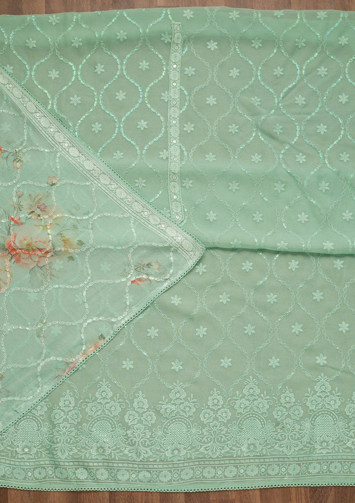 Sea Green Threadwork Georgette Unstitched Salwar Suit-Koskii