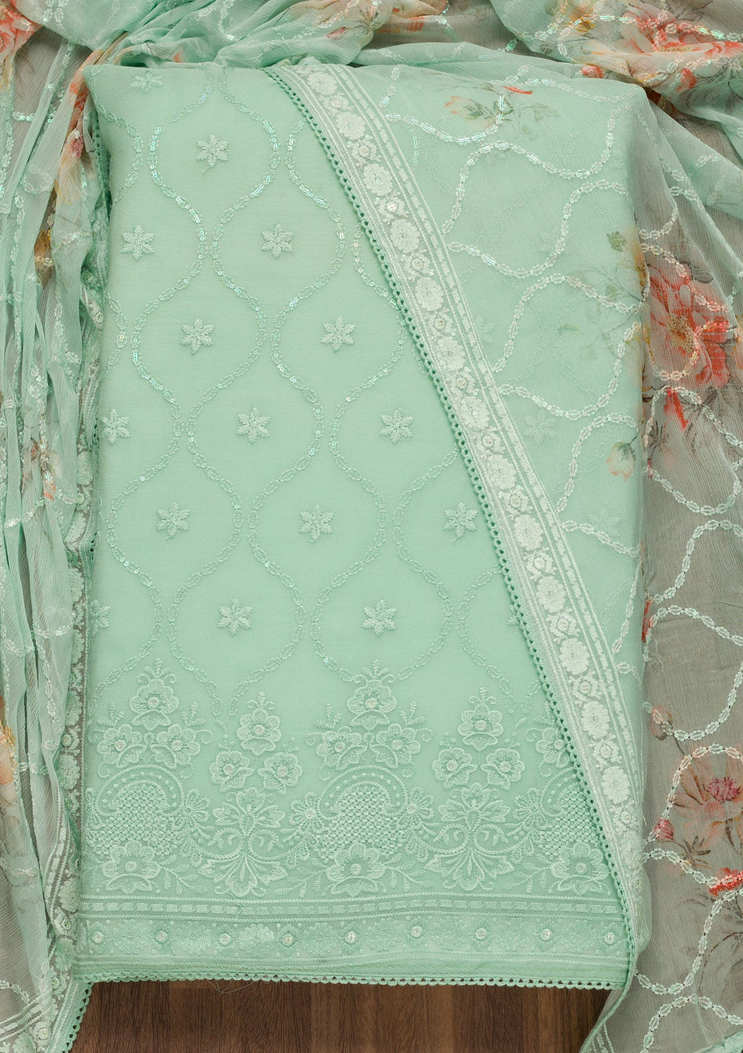 Sea Green Threadwork Georgette Unstitched Salwar Suit-Koskii