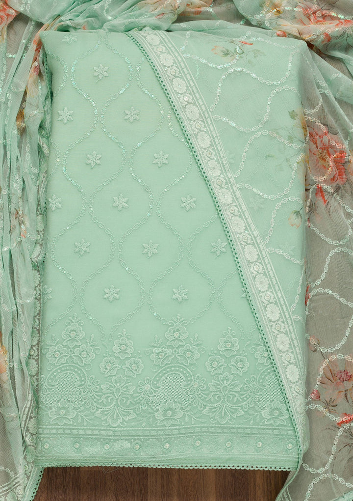 Sea Green Threadwork Georgette Unstitched Salwar Suit-Koskii