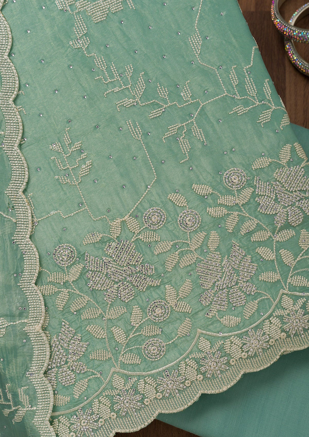 Sea Green Threadwork Shimmer Unstitched Salwar Suit-Koskii