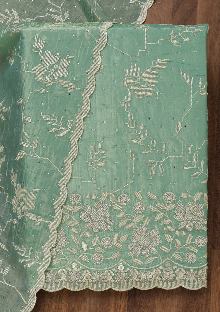 Sea Green Threadwork Shimmer Unstitched Salwar Suit-Koskii