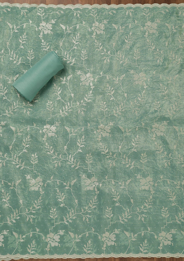 Sea Green Threadwork Shimmer Unstitched Salwar Suit-Koskii