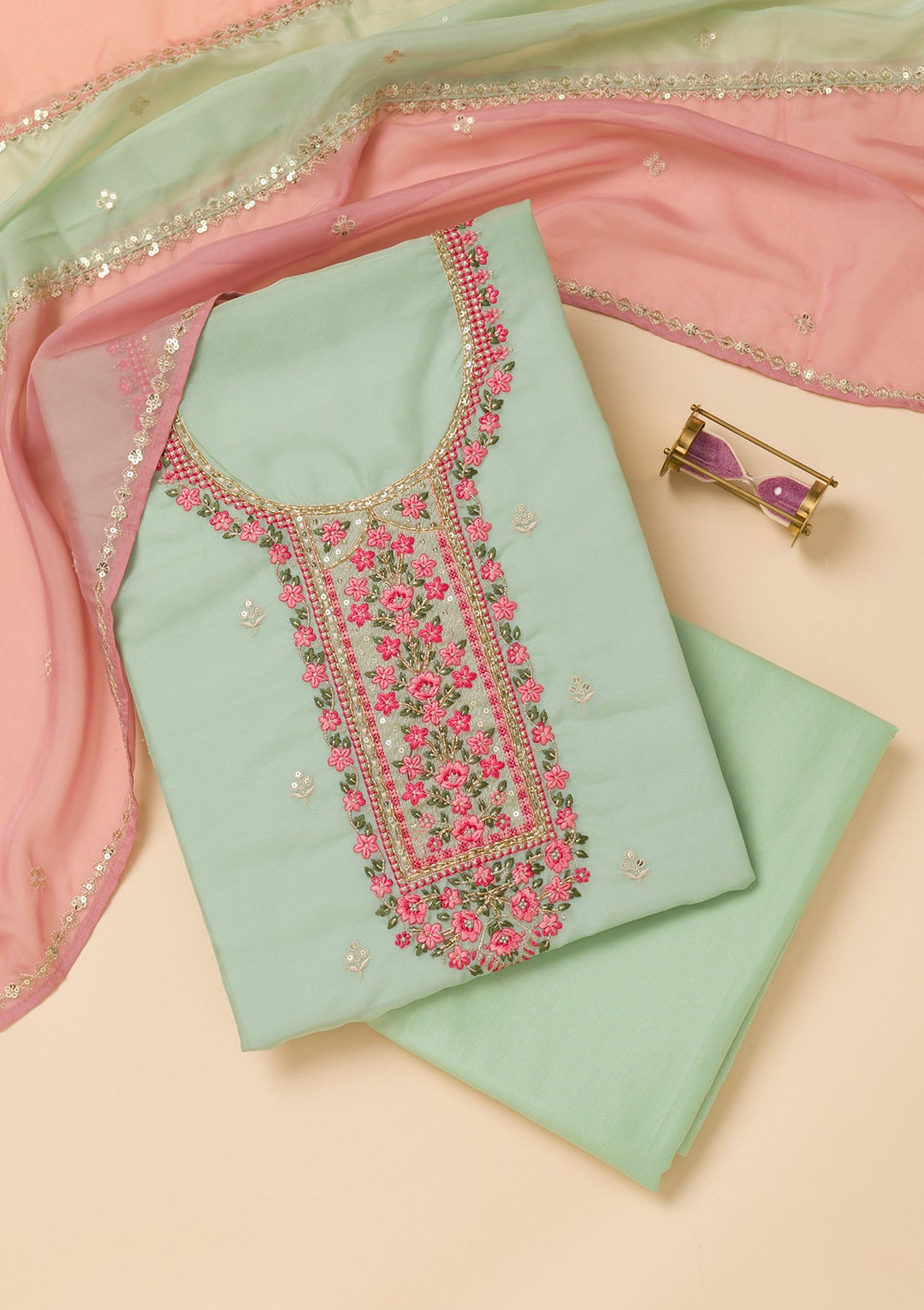 Sea Green Threadwork Tissue Unstitched Salwar Suit-Koskii