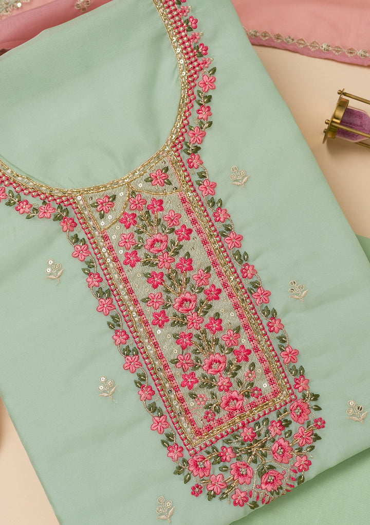 Sea Green Threadwork Tissue Unstitched Salwar Suit-Koskii