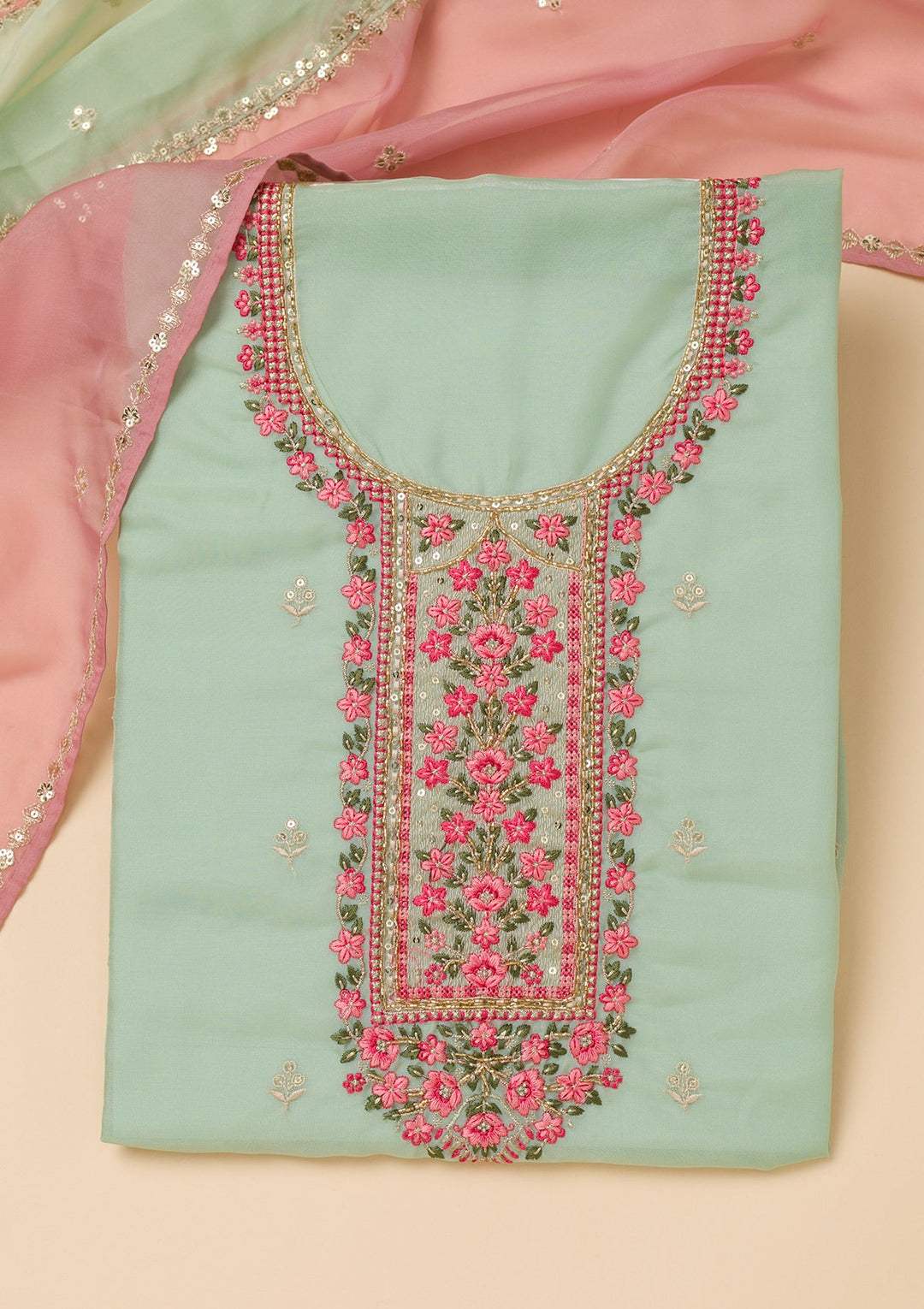 Sea Green Threadwork Tissue Unstitched Salwar Suit-Koskii
