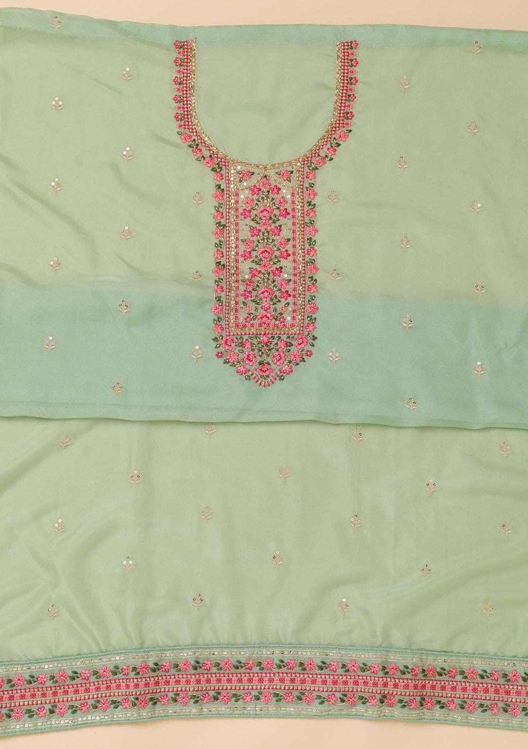 Sea Green Threadwork Tissue Unstitched Salwar Suit-Koskii