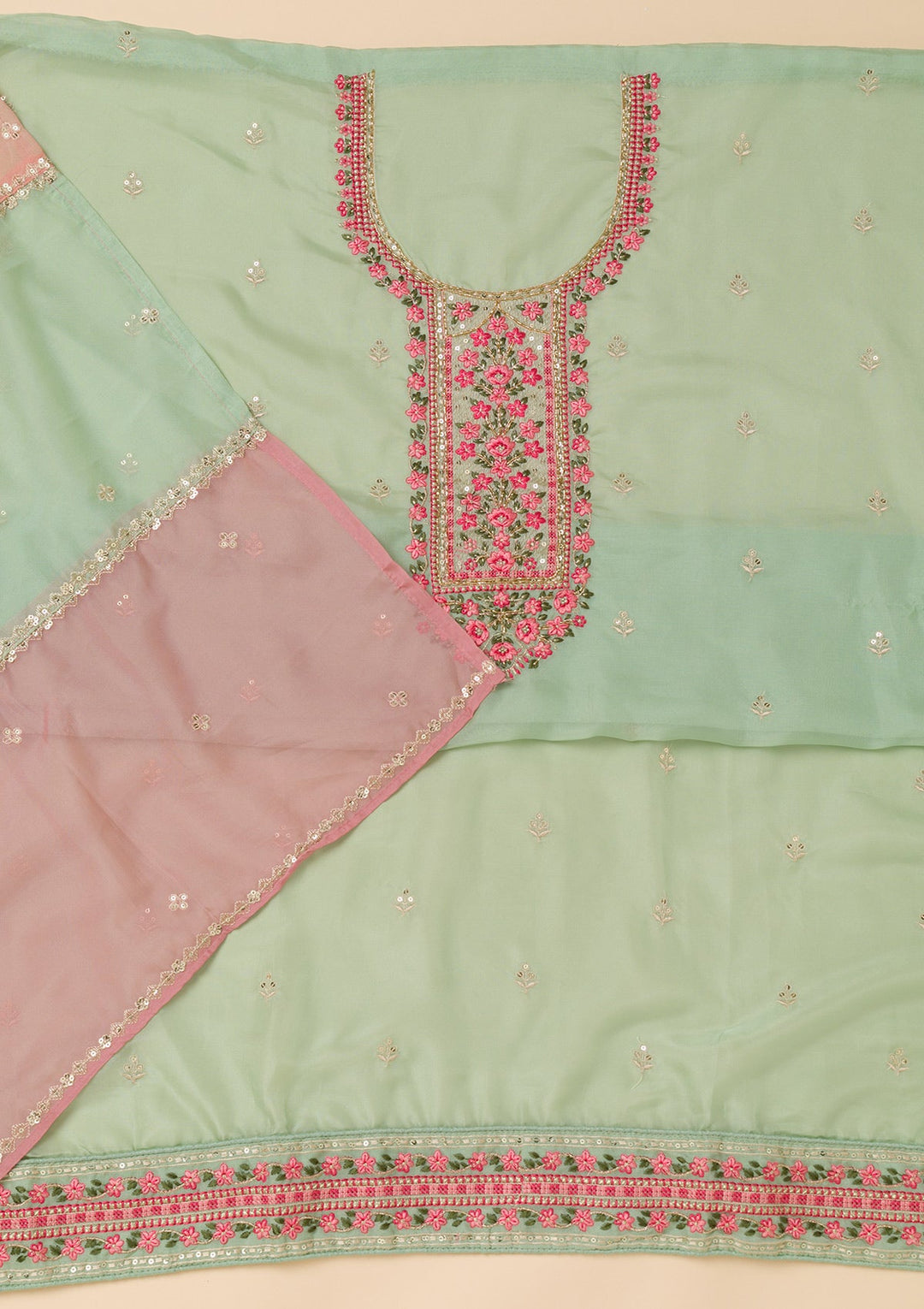 Sea Green Threadwork Tissue Unstitched Salwar Suit-Koskii