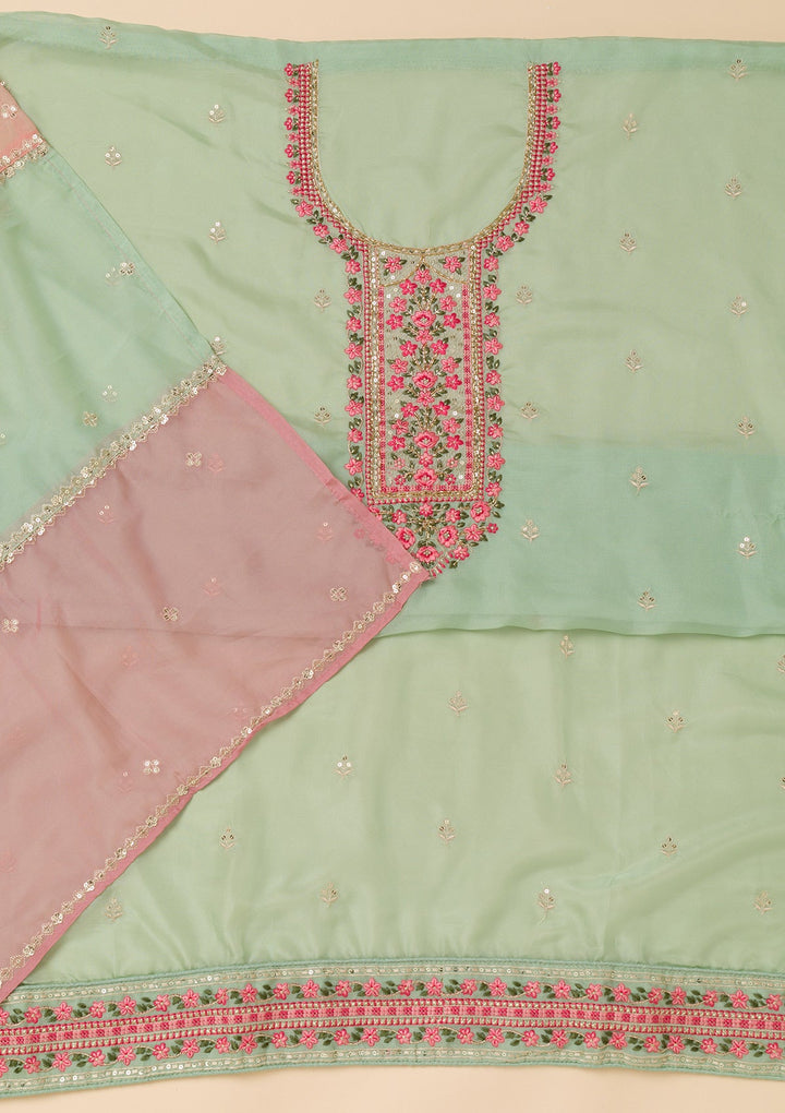 Sea Green Threadwork Tissue Unstitched Salwar Suit-Koskii