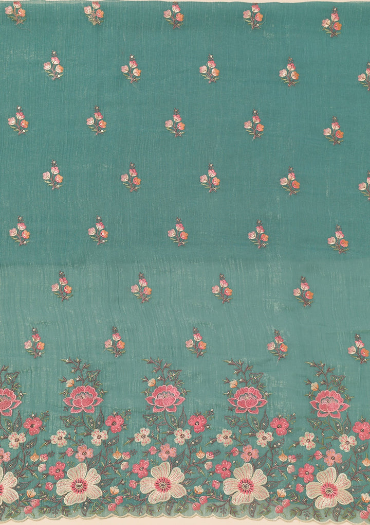 Sea Green Threadwork Tissue Unstitched Salwar Suit-Koskii